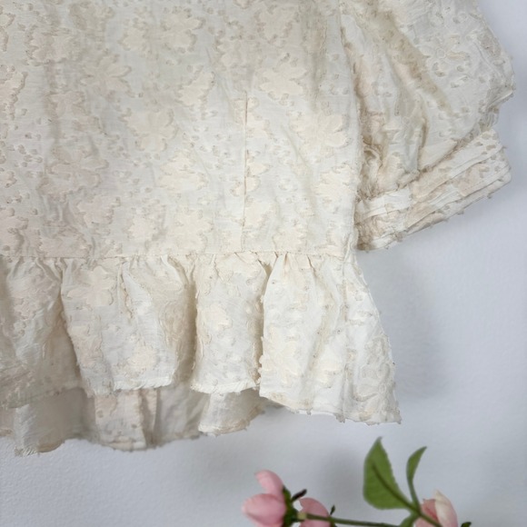 Zara‎ Floral Texture Peplum Top Womens Size S Puff Sleeve Blouse Cream - Picture 14 of 16